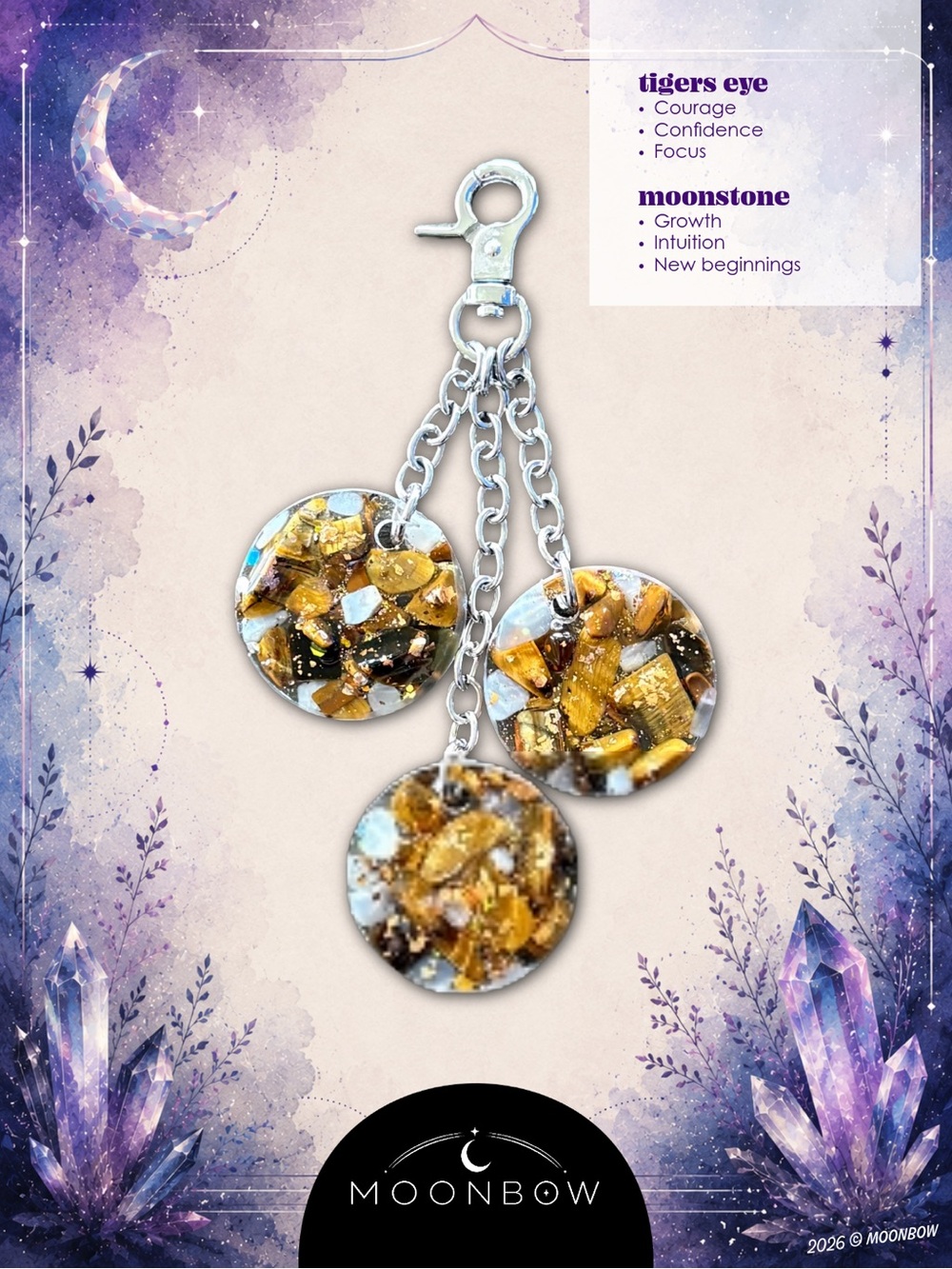 ©️Moonbow Handmade Crystal Charm - Tigers Eye, Moonstone